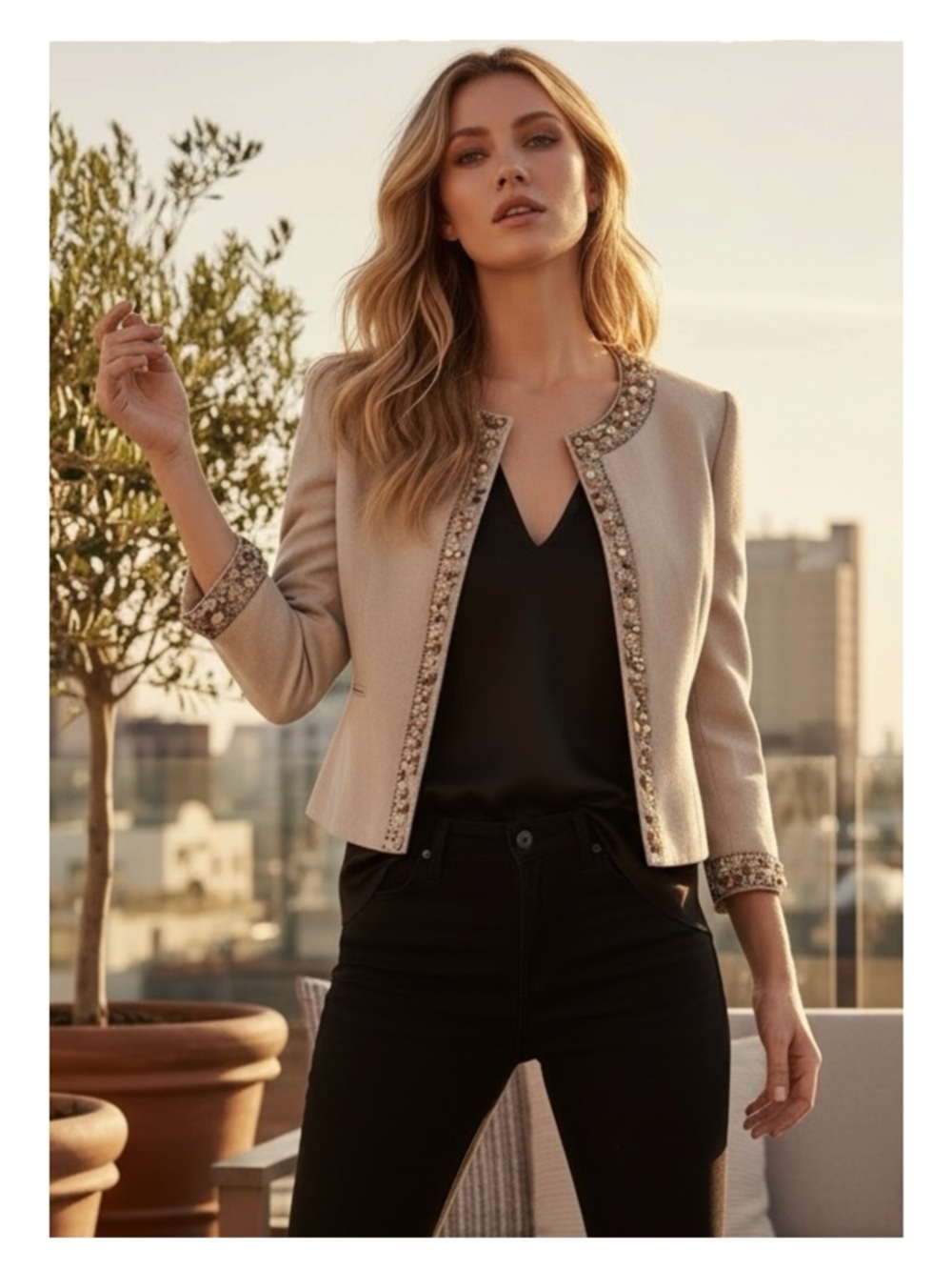 BCBG MaxAzria ☀︎︎ Gemma Raw Gems Crop Cropped Linen Jacket ☀︎︎ Natural ☀︎︎ M